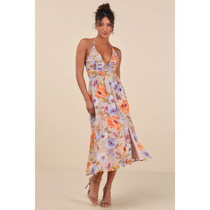 Lulus Danelle Taupe Floral Halter A-line Midi Dress - Size M